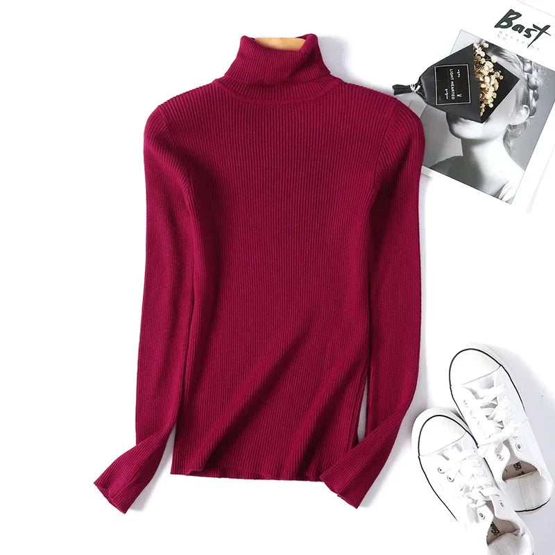 Casual Soft Polo-neck Jumper New Autumn Winter Women Knitted Turtleneck Sweater Fashion Slim Elasticity Solid Ribbed Pullovers