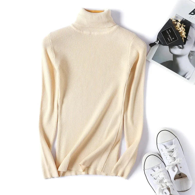 Casual Soft Polo-neck Jumper New Autumn Winter Women Knitted Turtleneck Sweater Fashion Slim Elasticity Solid Ribbed Pullovers