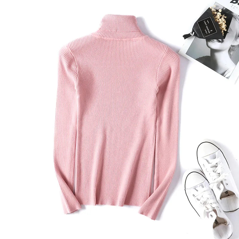 Casual Soft Polo-neck Jumper New Autumn Winter Women Knitted Turtleneck Sweater Fashion Slim Elasticity Solid Ribbed Pullovers