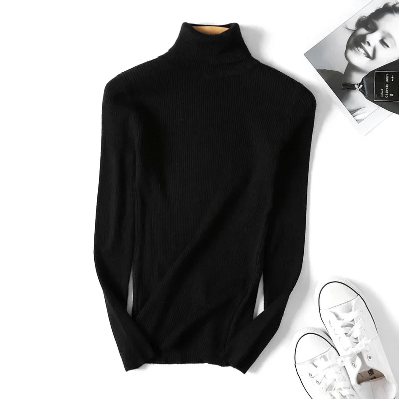 Casual Soft Polo-neck Jumper New Autumn Winter Women Knitted Turtleneck Sweater Fashion Slim Elasticity Solid Ribbed Pullovers
