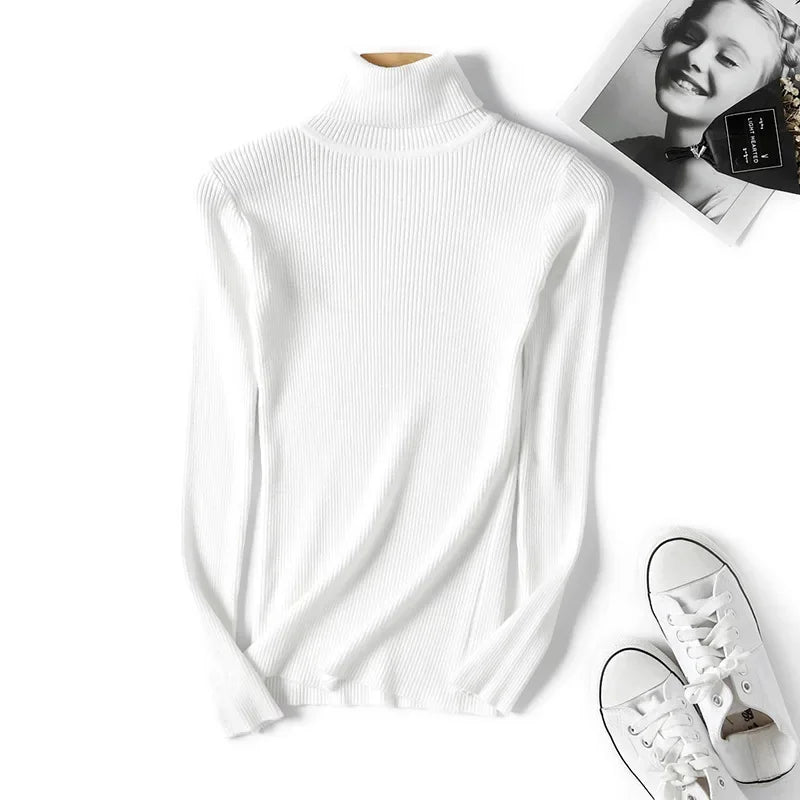 Casual Soft Polo-neck Jumper New Autumn Winter Women Knitted Turtleneck Sweater Fashion Slim Elasticity Solid Ribbed Pullovers