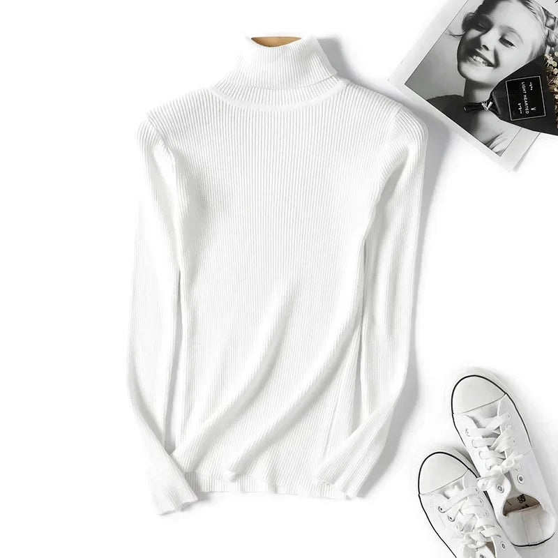 Casual Soft Polo-neck Jumper New Autumn Winter Women Knitted Turtleneck Sweater Fashion Slim Elasticity Solid Ribbed Pullovers
